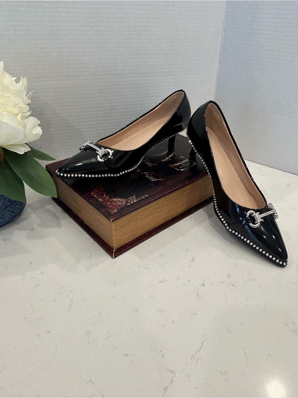 Pointed Patent Leather Flats with Silver Chain Detail - Black